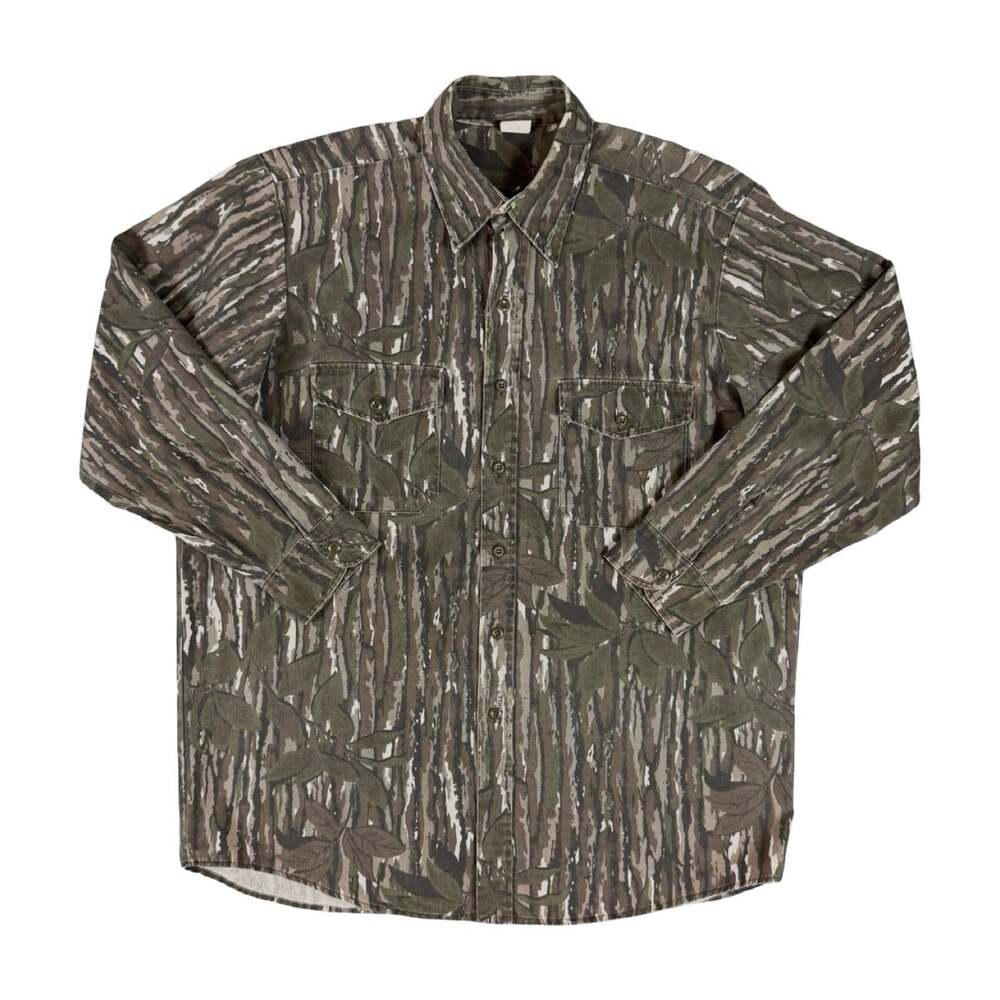 Vintage Camouflage Twill Button Up Shirt Long Sleeve Pockets Point Collar XL